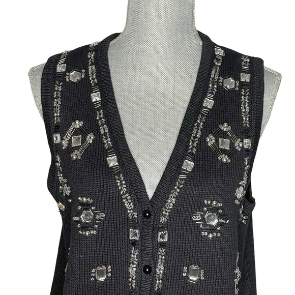 Vintage 90s SML Sport Black Knit Vest M Beaded Sequin Embellished Ramie Cotton - Picture 5 of 11